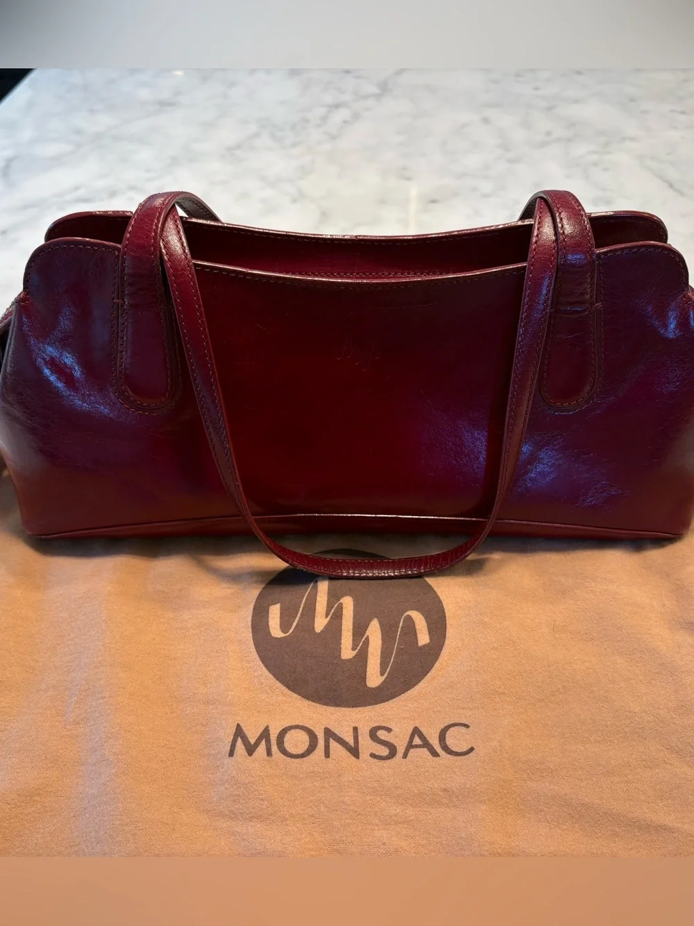 Vintage MONSAC Red Oxblood Leather Shoulder Bag Satchel with Dust Bag - Picture 2 of 6